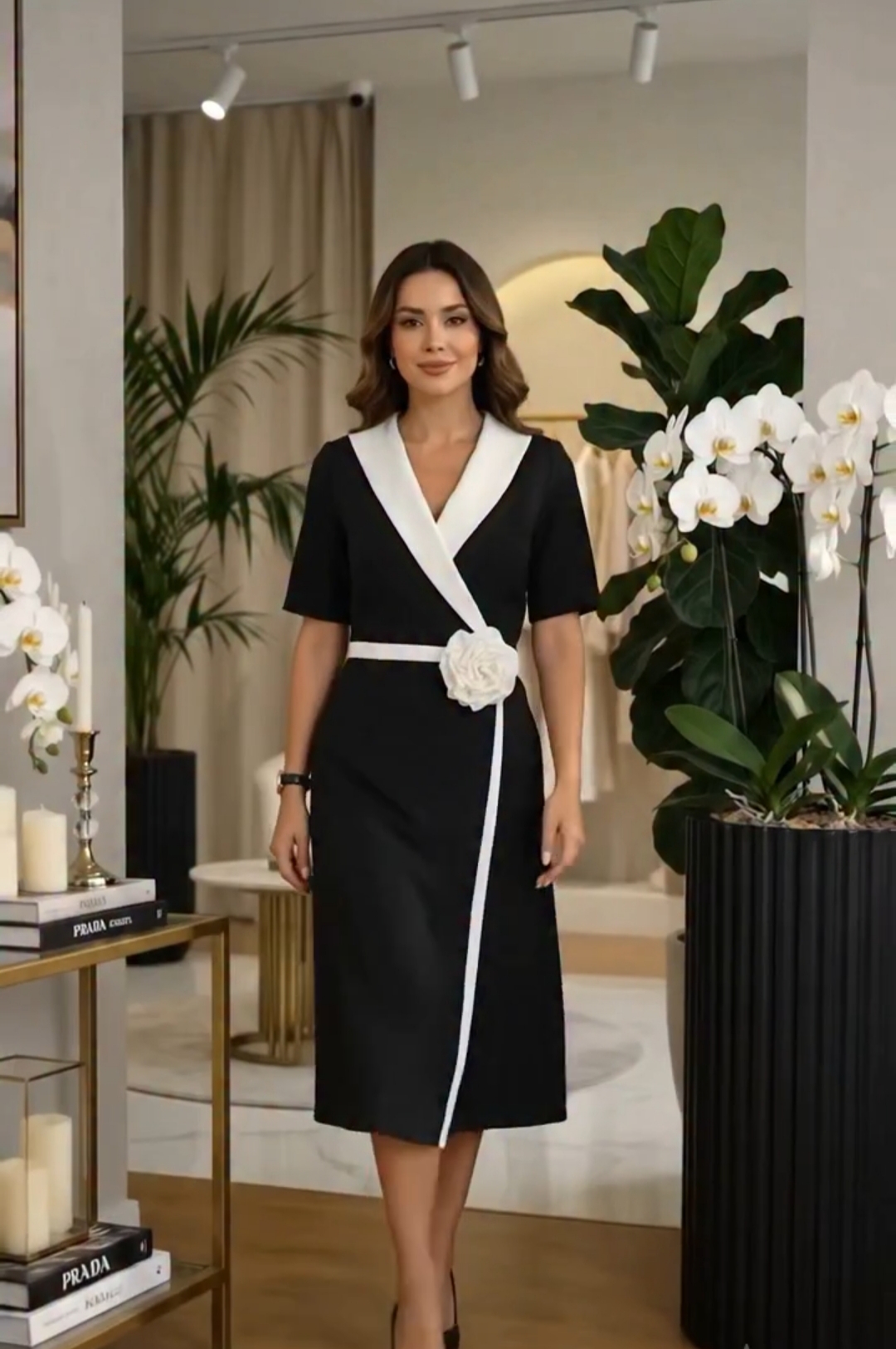 پیراهن مجلسی زنانه در جنس کرپ باربی مدل(گل سفید)